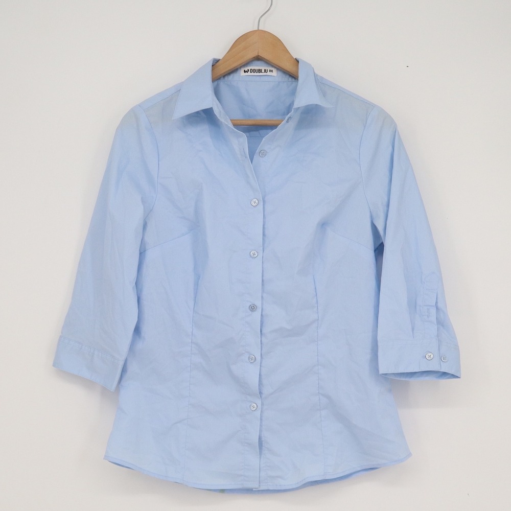 Doublju Womens 3/4 Sleeve Button Up Shirt Light Blue Size M Solid